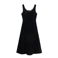 Black O Neck Sleeveless A-line Midi Tank Velvet Dresses High Quality Elegant Vestidos