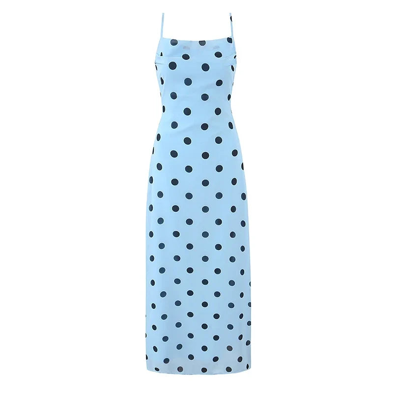 Light Blue Polka Dot Sling Long Dresses