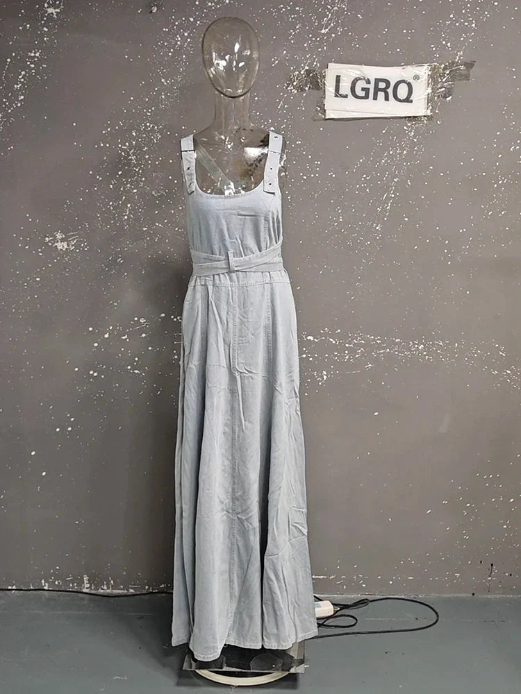 Summer Detachable Strap Backless Design Waist-Cinching Long Denim Dresses