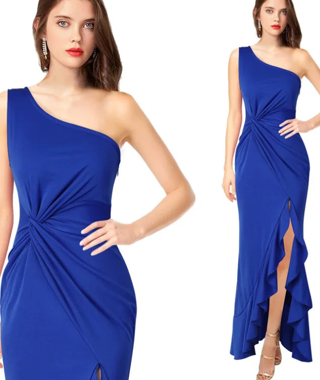 Temperament Slant Neck Sleeveless Ruffle Edge Slit Dresses
