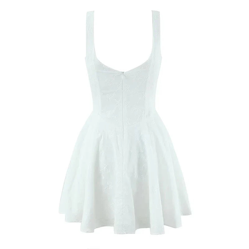 Floral Embroidery Sleeveless White Mini Dresses