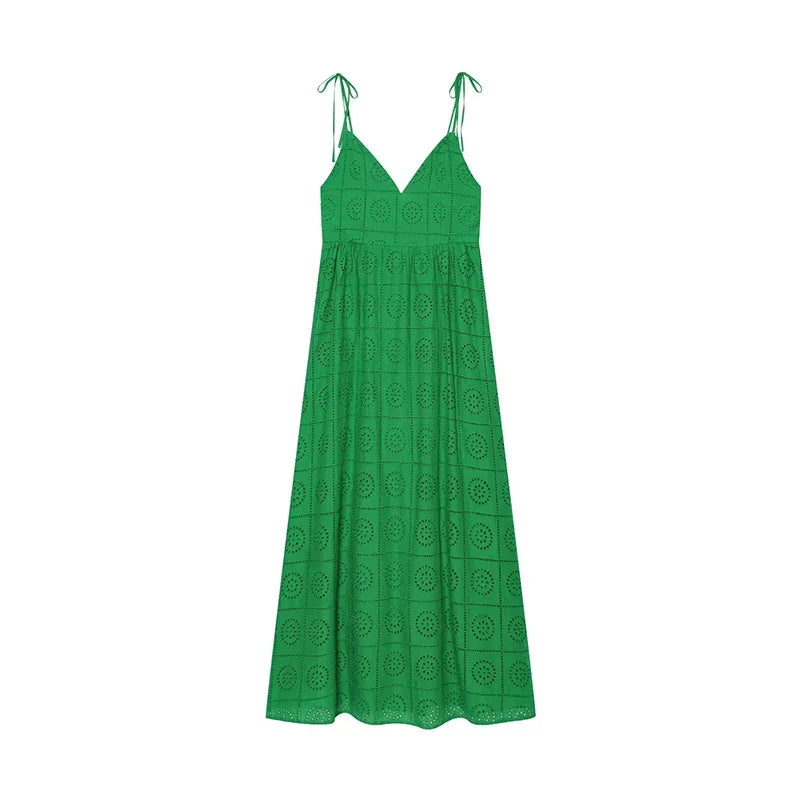 Summer Hollow Out Embroidery Sling Midi Dresses