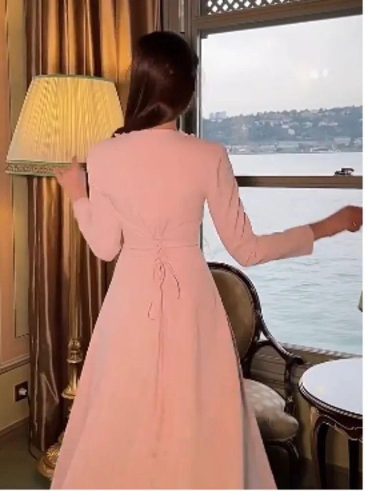 Autumn Solid Color Floral Collar Long Sleeve High Waist Elegant Dresses