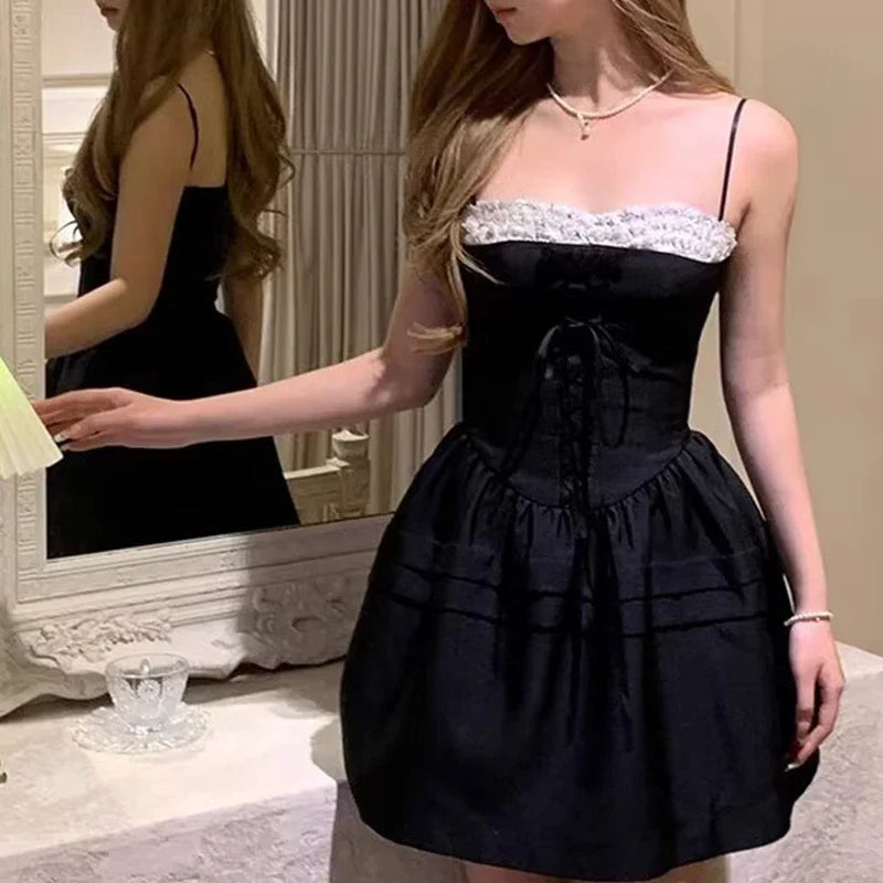 Sexy Elegant Lace Trim Bow Bandage Spaghetti Strap Mini Dresses