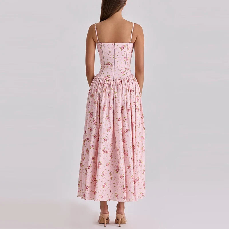 Sexy Backless High Waist Long Dresses Floral Print Camisole Summer Dresses