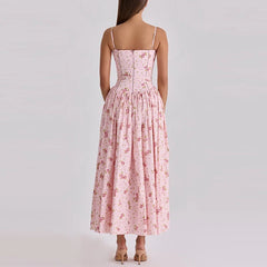 Sexy Backless High Waist Long Dresses Floral Print Camisole Summer Dresses