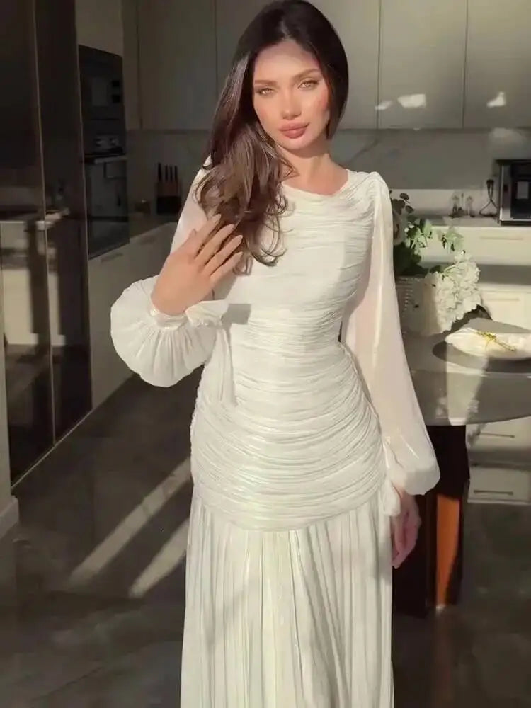Elegant Round Neck Long Sleeved Pleated Waist Slimming Patchwork Dresses