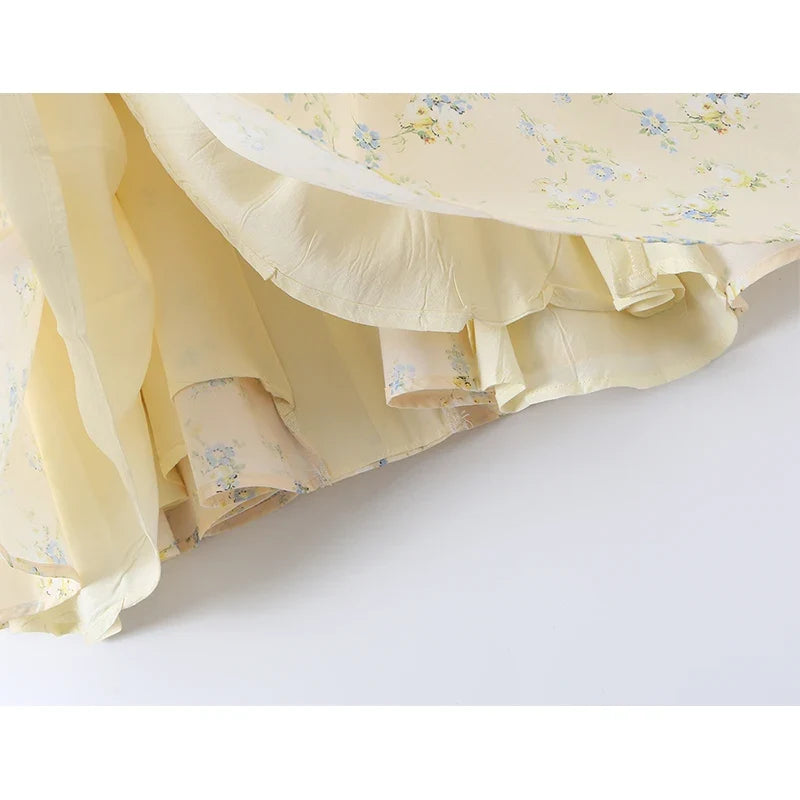French Yellow Floral Print Sexy Sling Holiday Dresses