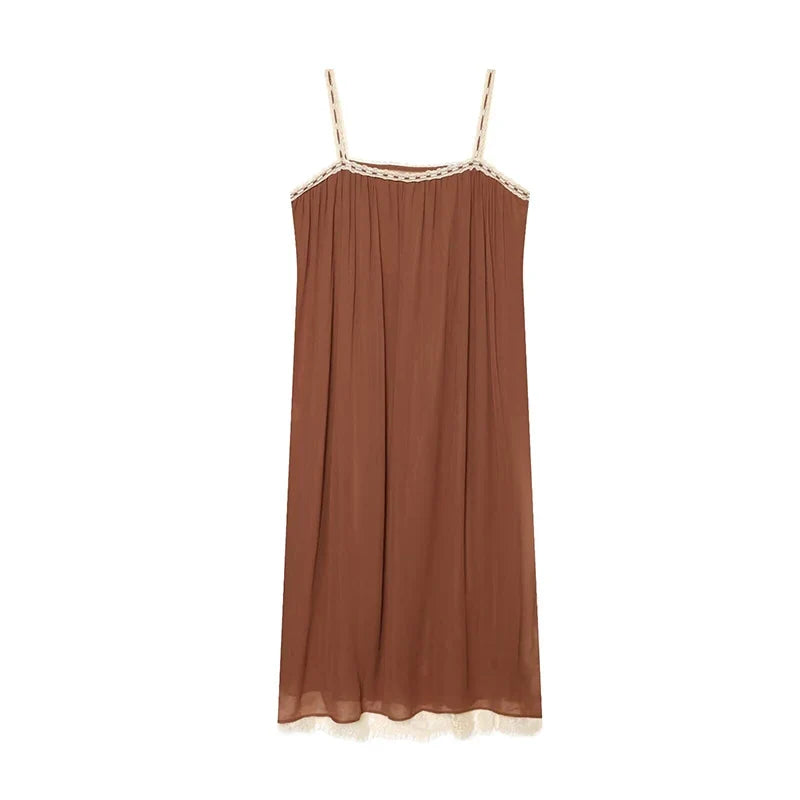 Lace Trim Spaghetti Strap Midi Dresses
