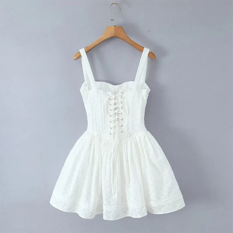 White Holiday Summer Dresses Floral Embroidery Low Waist A-line Sling Mini Dresses