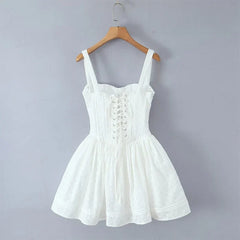 White Holiday Summer Dresses Floral Embroidery Low Waist A-line Sling Mini Dresses