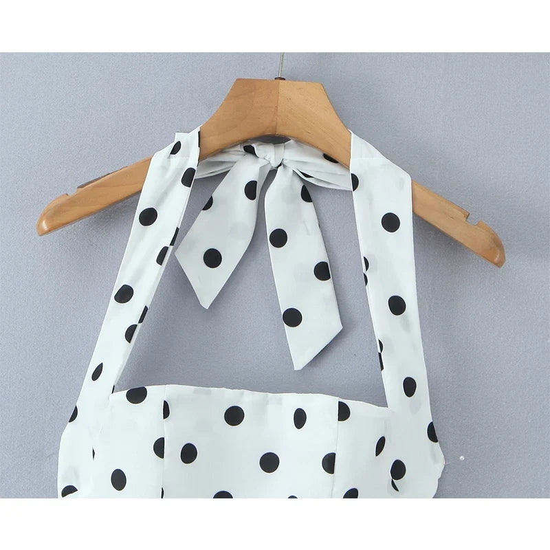 Sexy Backless Polka Dot White Halter Ball Gown Dresses