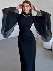 Temperament Half High Collar Bat Sleeve Diamond Gauze Splicing Dresses