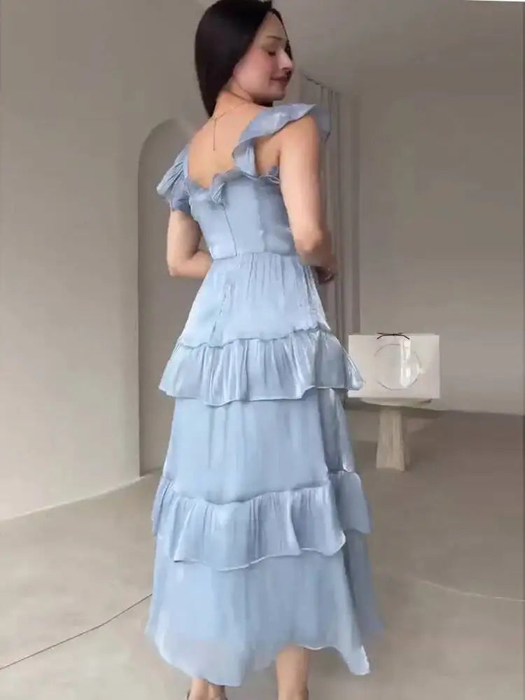 Sweet Square Neck Sleeveless Ruffle Edge Layered Spliced Waist Cinching Dresses