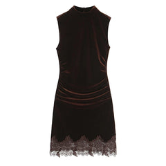 Sexy Lace Trim Velvet Dresses