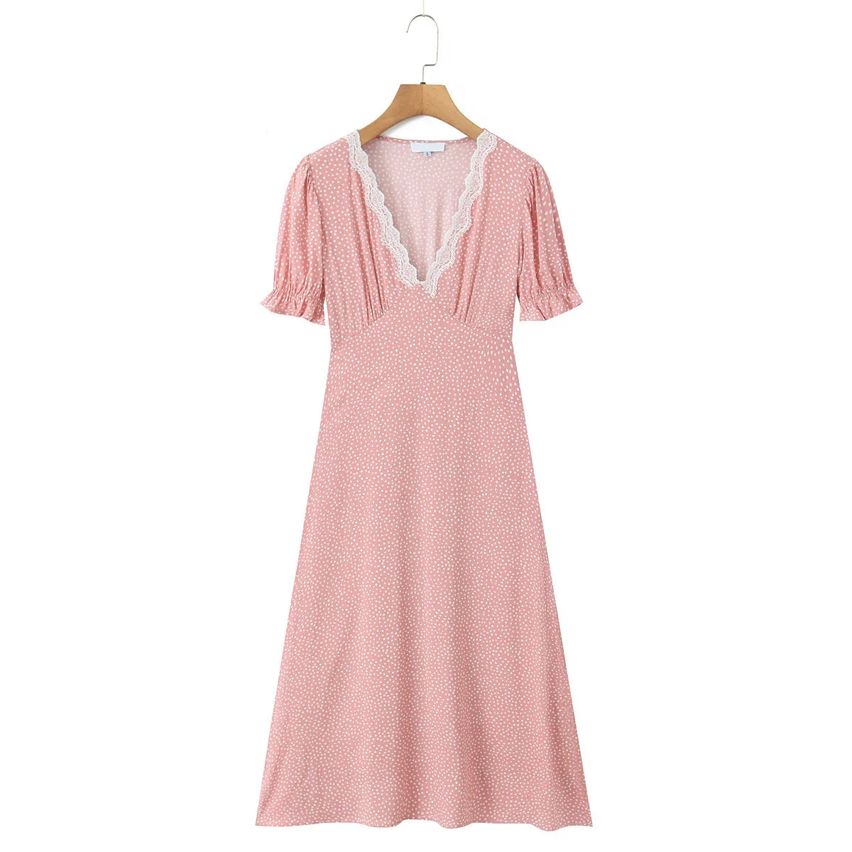 Summer French Style Lace Trim V Neck Polka Dot Dresses