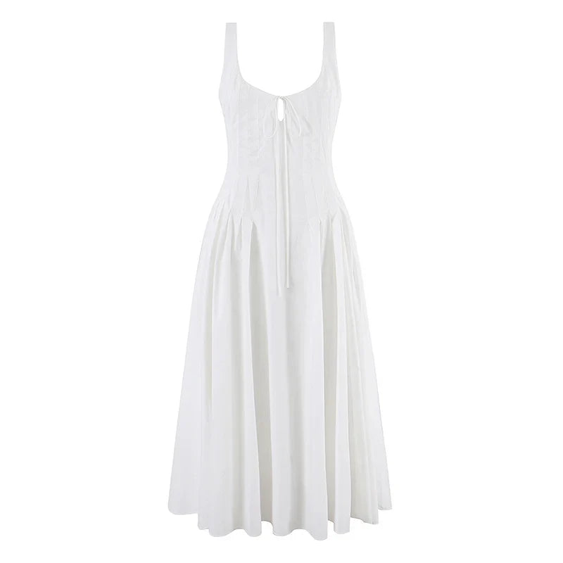 French Summer Sleeveless White Midi Dresses