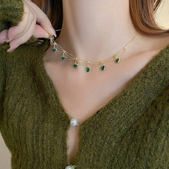 Green crystal metal braided mesh pendant necklace
