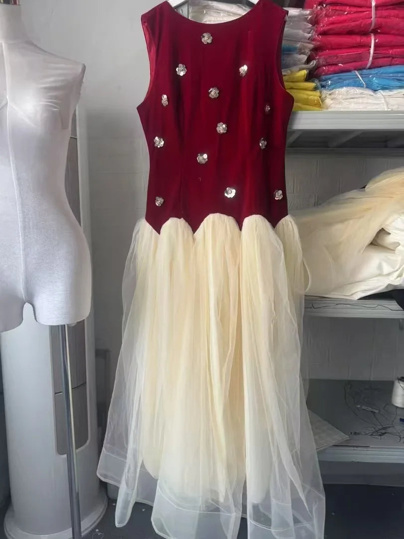 Summer Round Neck Sleeveless Slim High Waist Pullover Mesh Spliced Dresses