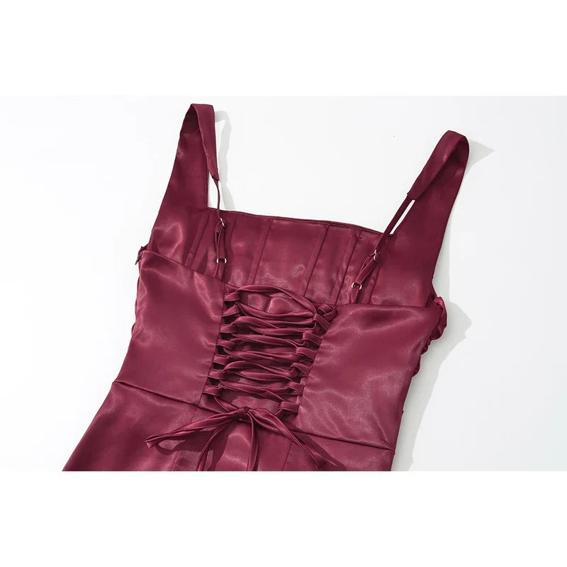 Wine Red Satin Sling Maxi Dresses