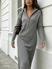 Elegant Half Zip Stand Collar Long Sleeve Knit Dresses