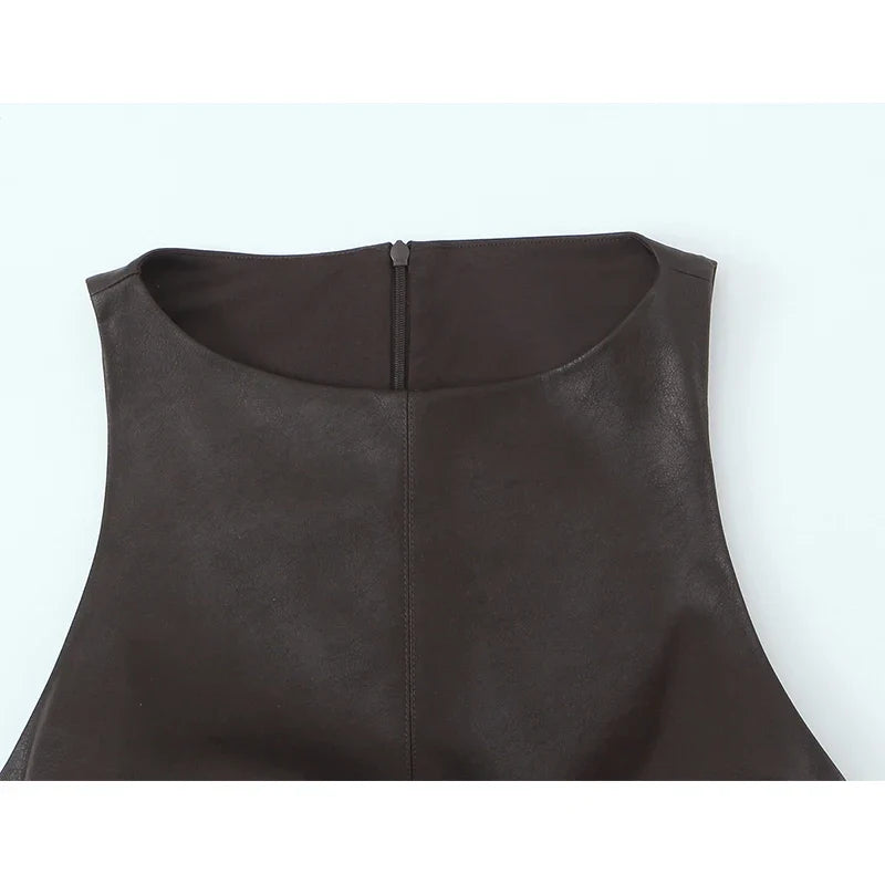 O Neck Sleeveless Faux Leather Short Jumpsuit