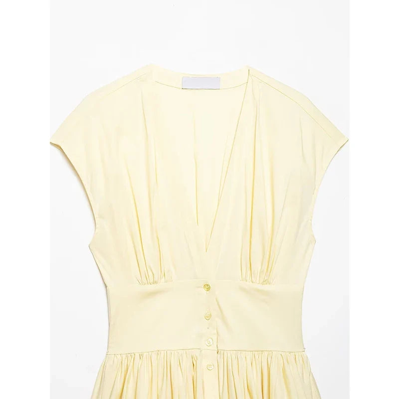 Short Sleeve Deep V Neck Pleated A-line Mini Dresses