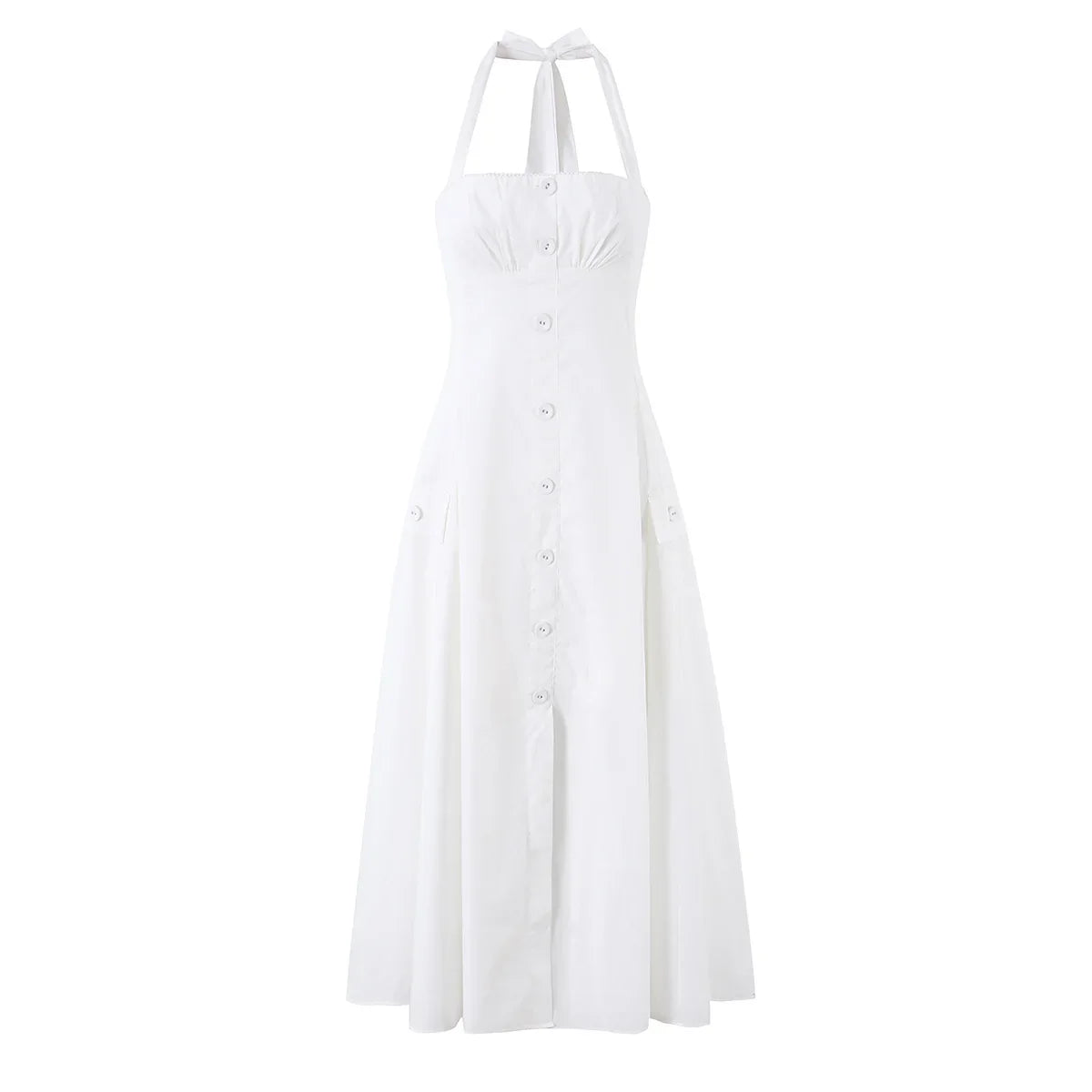 Elegant Retro White Halter Midi Dresses