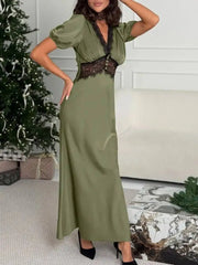 Fashionable Lace Patchwork V-neck Bubble Sleeve High Waisted Dresses