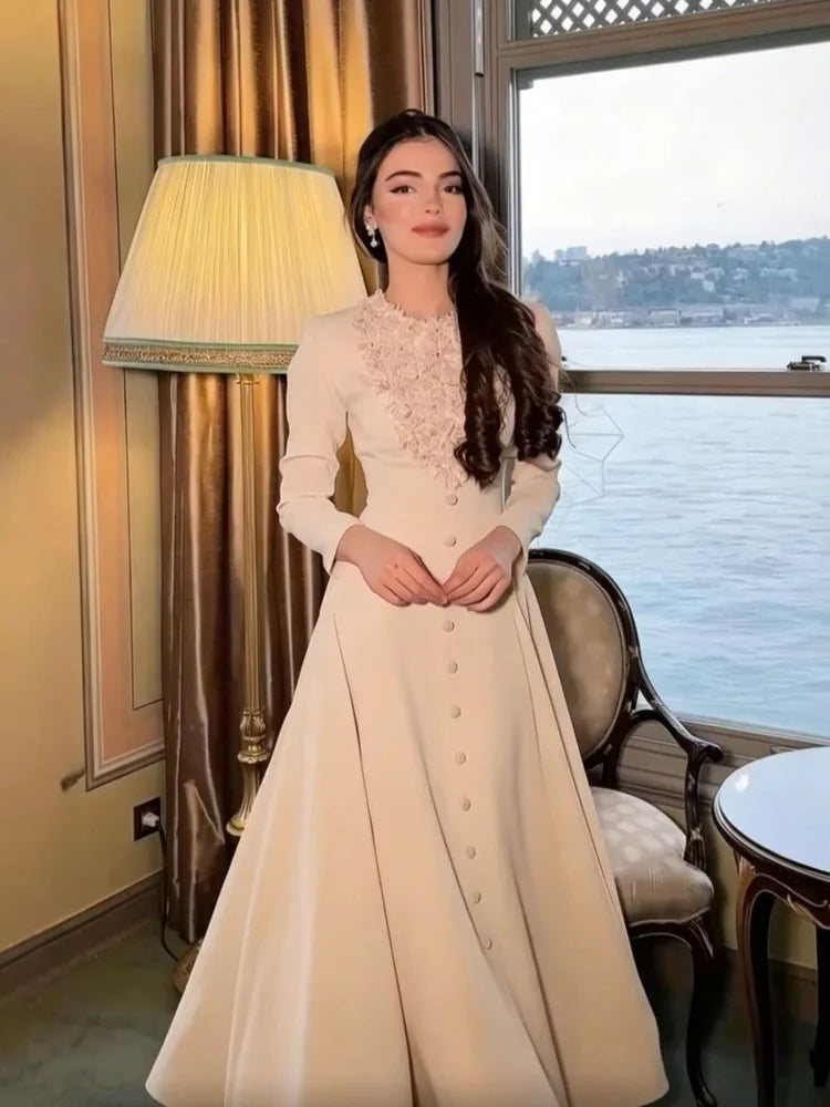Autumn Solid Color Floral Collar Long Sleeve High Waist Elegant Dresses