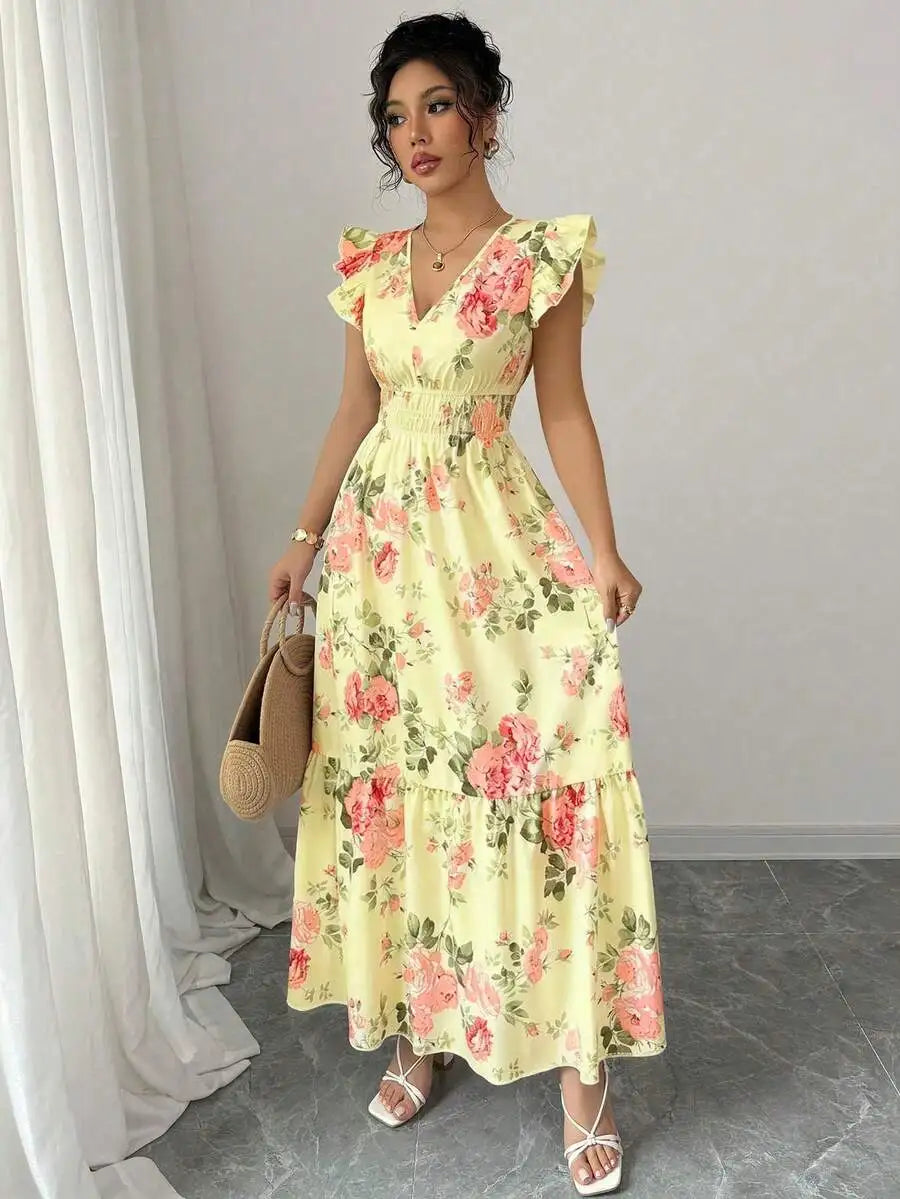 Spring Summer Boho Maxi Dress, Pink Yellow Floral Print V Neck Cap Sleeve Elegant Vacation Resort Holiday Outdoor Clothing