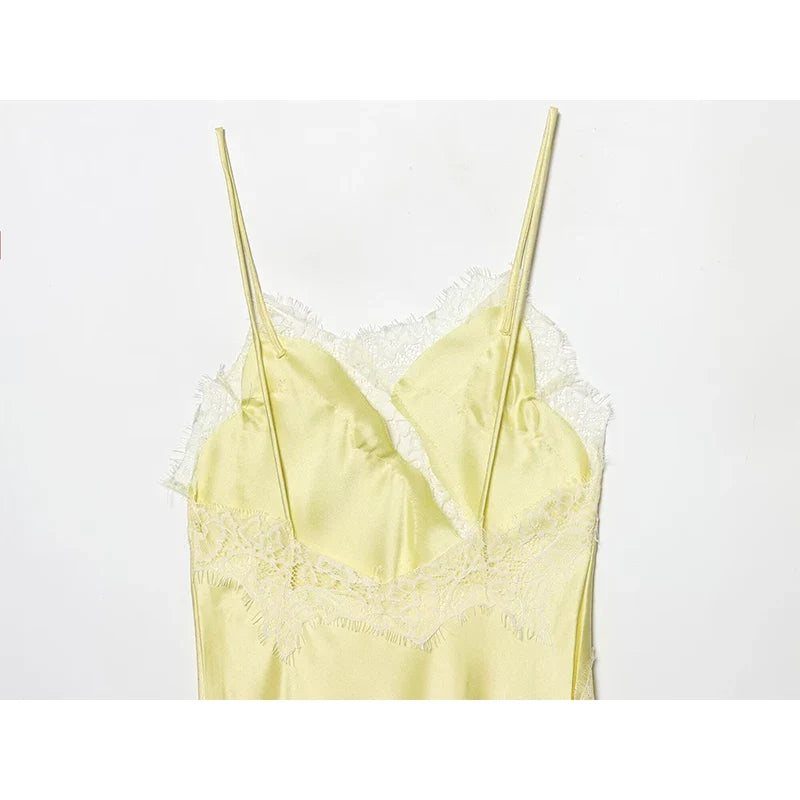 Lace Patchwork Asymmetric Sling Sexy Dresses Yellow Vestidos
