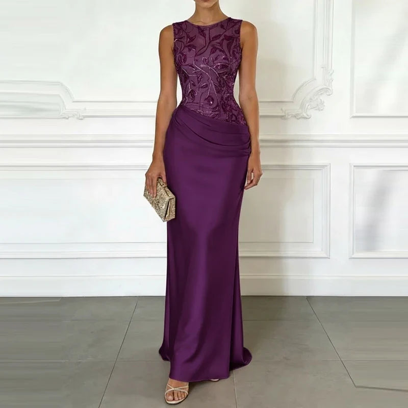Elegant O-neck Sleeveless Lace Satin Spliced Dresses