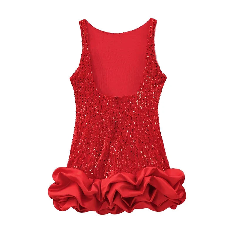 Christmas Party Mini Dresses Sexy Backless O Neck Sleeveless Ruffle Hem Ball Gown Dresses