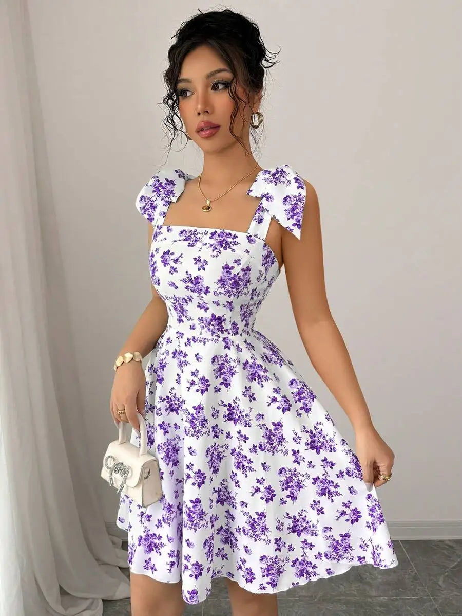 Ditsy Floral Shoulder Tie Bow Waisted A-Line Dresses