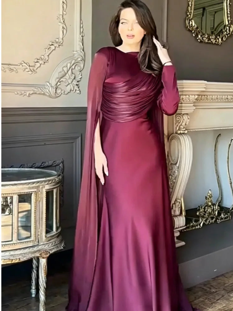 Elegant Round Neck Long Sleeved Asymmetrical Waist Slimming Dresses