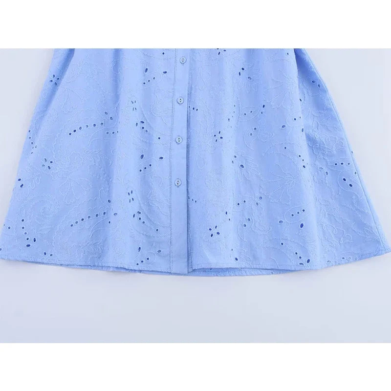 Spring Sky Blue Hollow Out Embroidery Short Dresses
