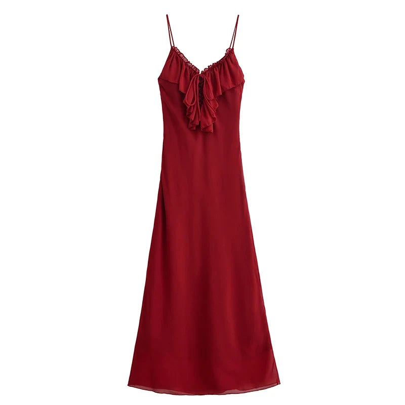 Sexy Spaghetti Straps Ruffle V Neck Long Dresses Summer A-line Elegant Evening Backless Party Maxi Vestidos