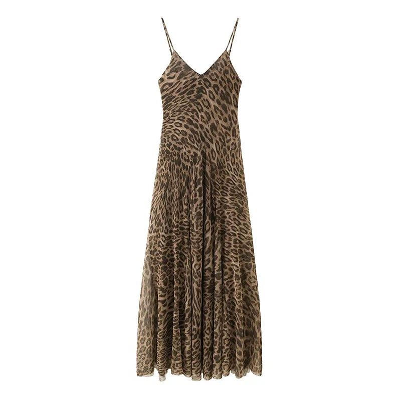Animal Print V Neck Sling Maxi Dresses
