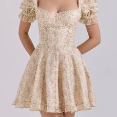 Summer Elegant Lace Spliced Floral Print Dresses Vintage Puff Sleeve Bow Sashes A-line Mini Dresses