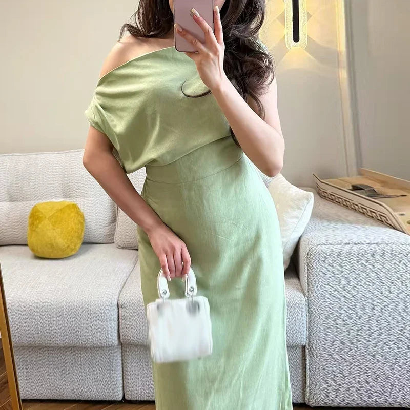 Sexy Slanted Neck High Waist Daily Dresses