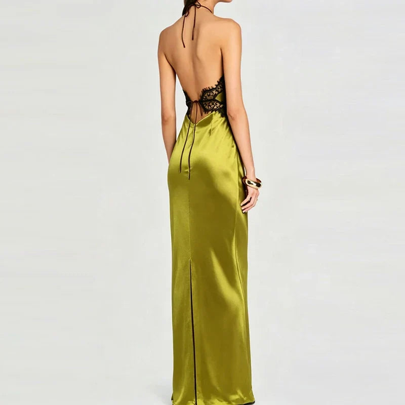 Elegant Halter Holiday Dresses Sexy Lace Patchwork Sleeveless Camisole Long Dresses