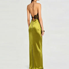 Elegant Halter Holiday Dresses Sexy Lace Patchwork Sleeveless Camisole Long Dresses