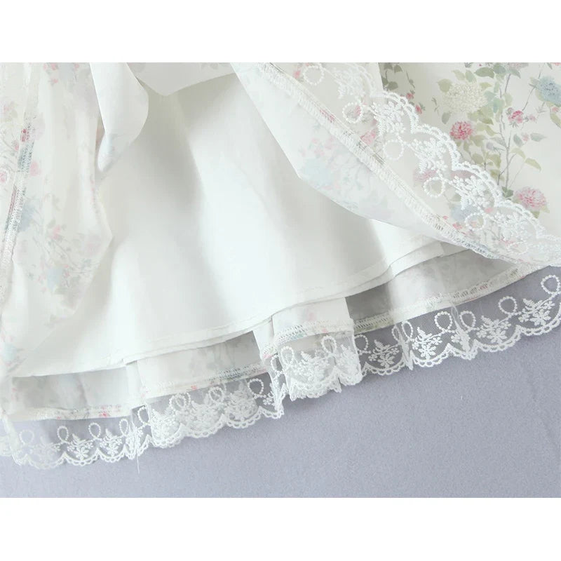 Sweet Girl Lace Spliced Floral Print Mini Dresses