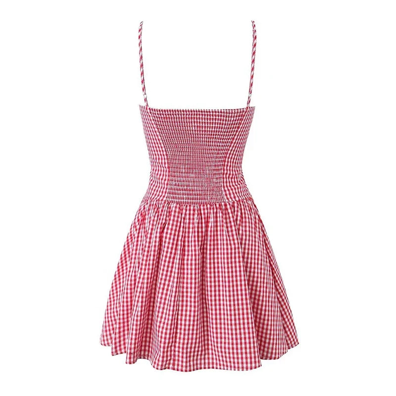 Summer Front Button Plaid Sling Mini Dresses