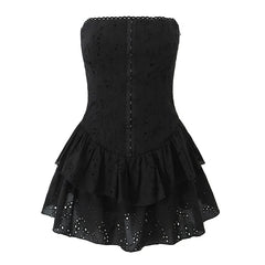 Sexy Hollow Out Embroidery Strapless Dresses Front Buckle Fit And Flare Party Mini Dresses Black White Cotton Robe