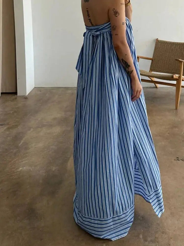 Striped Strapless Bandage Backless Dresses