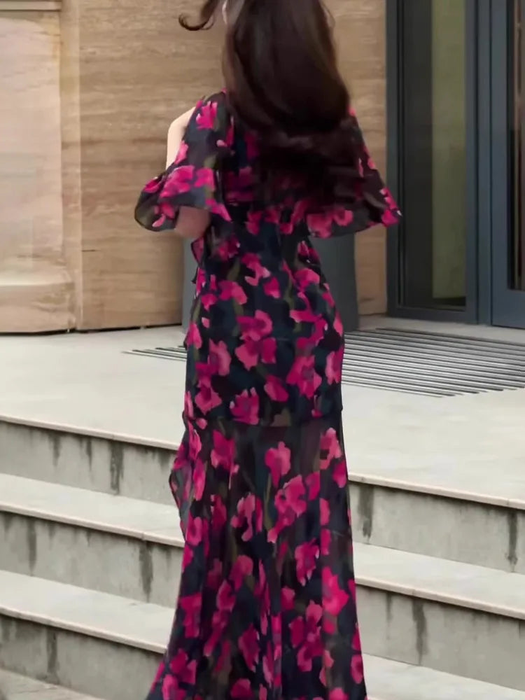 Summer Printed Flare Sleeves Slim Pullover Dresses