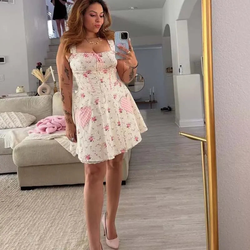 Sweet Floral Print Plaid Spliced Summer Mini Dresses