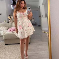 Sweet Floral Print Plaid Spliced Summer Mini Dresses